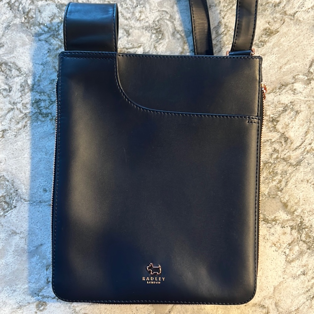 NWT Radley London Med zip around crossbody Navy Blue with rose gold color zips